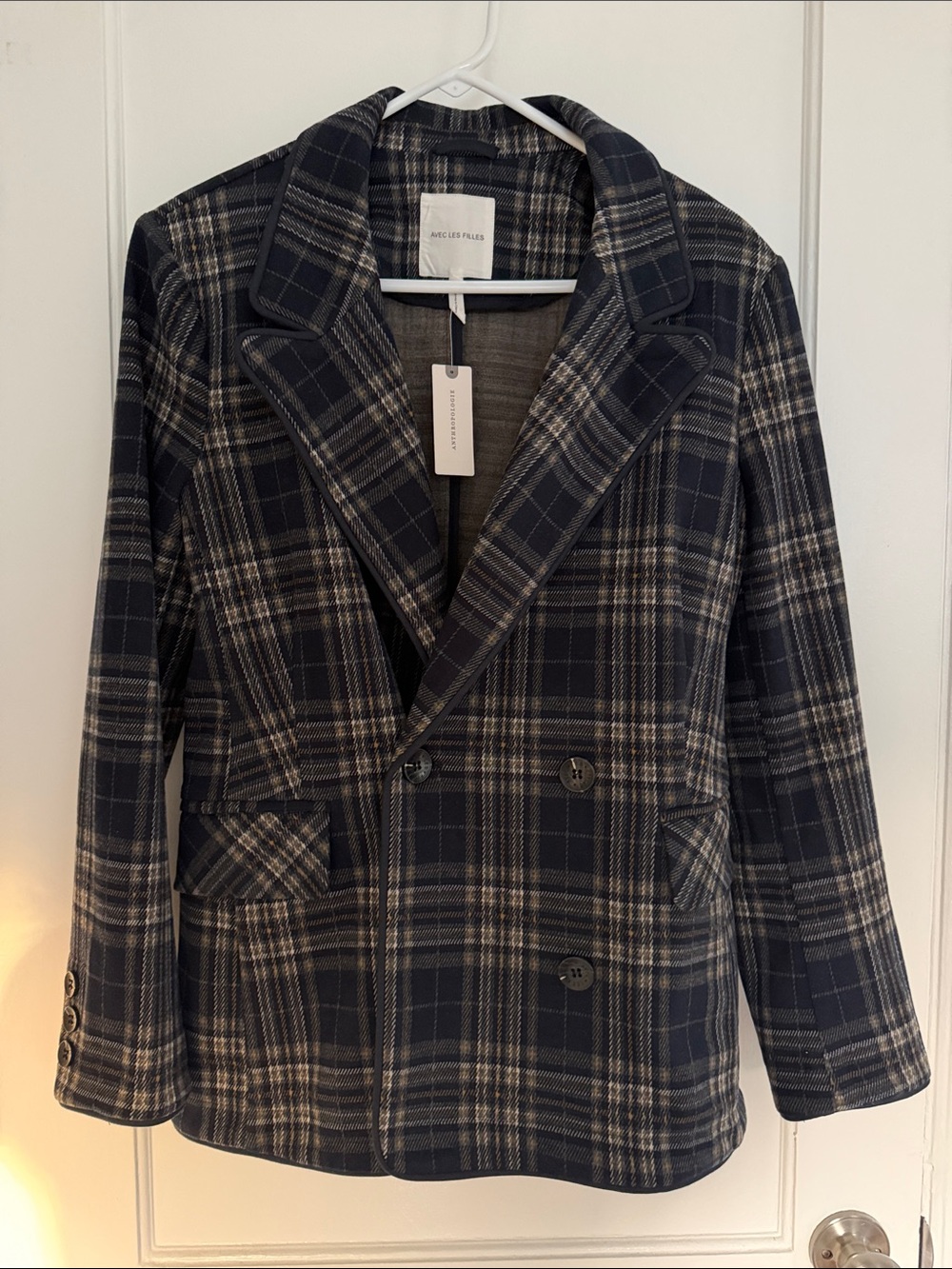 Avec Les Filles Navy and Gray Plaid Double-Breasted Blazer
